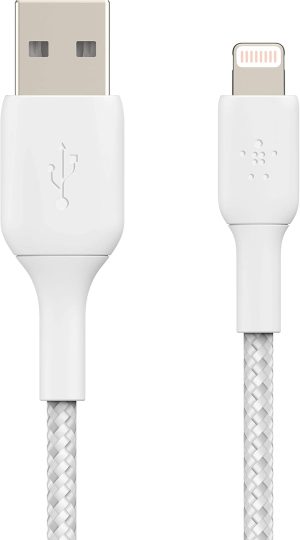 Belkin Braided Lightning Cable (Boost Charge Lightning to USB Cable for iPhone, iPad, AirPods) MFi-Certified iPhone Charging Cable, Braided Lightning Cable, White, 1 m